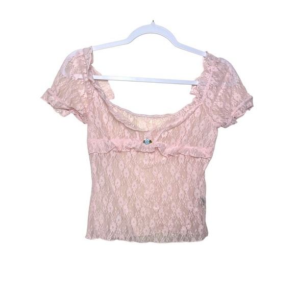 Lovely U Dear Pink Lace Top Ruffle Trim Short Sleeve Sweet Lolita Blouse L - Picture 1 of 7